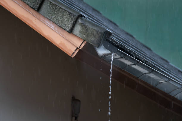 istock Rain bomb. Clogged rain gutter, dirty roof gutter, with wet fallen leaves. 2195209443