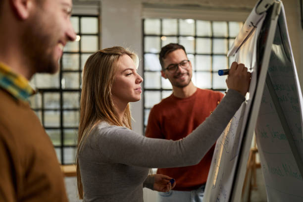 istock Smiling creative woman writing plans on whiteboard with her colleagues in the office. 2195215484