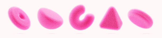 Pink fur fluffy geometric 3d shapes render icon set. Furry triangle, cylinder, half sphere, torus, circle tube with hair texture. Abstract soft fuzzy wool figures, isolated elements