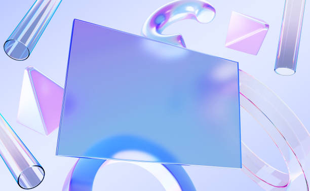 istock 3d abstract glass morphism transparent card with flying geometric shapes render background. Circle tube, ring, pyramid with iridescent light holographic gradient, digital tech banner 2195215928