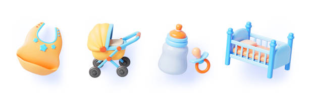 Blue baby boy 3d render icon set. Child stroller, infant crib, milk bottle, pacifier, newborn feeding bib. Cute kids furniture, food and accessory for prince. Cartoon toddler elements. 3D illustration