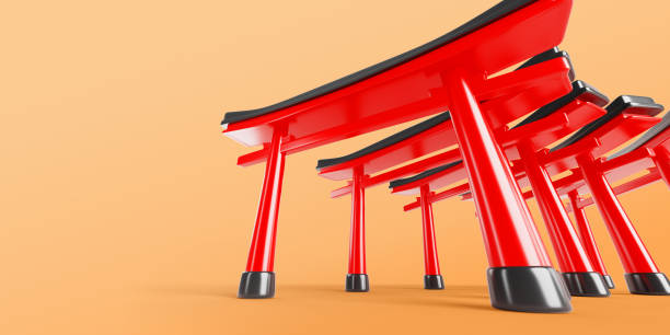 Japanese arch corridor or tunnel path way of red torii gate 3d render. Traditional architecture Japan, travel banner. Fushimi Inari Taisha road to temple entrance on orange background. 3D illustration