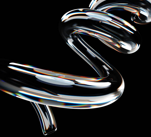 istock 3d abstract liquid glass transparent spiral line with chromatic effect on black background render. Iridescent fluid flow swirl, tube shape with dispersion light, holographic gradient 2195215940