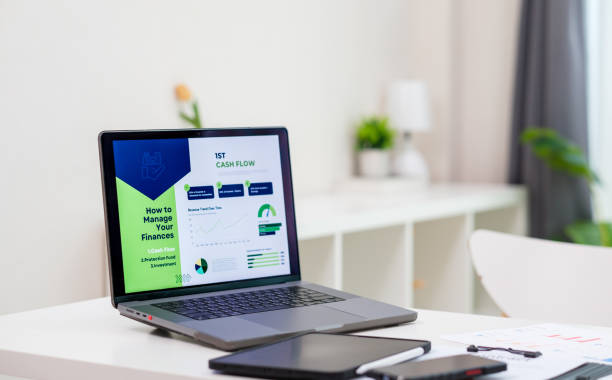 istock laptop displaying a financial dashboard with charts and data.productivity and financial management planning for future goals 2195216661