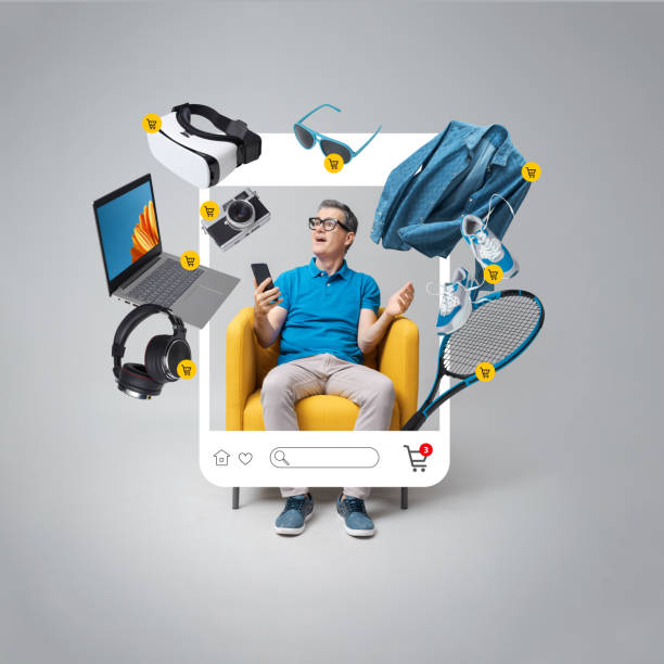 Cheerful man doing online shopping