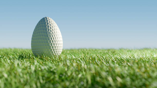 istock Easter golf ball shaped like an egg on green grass under a clear sky. 3d rendering 2195233906