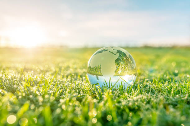 Glass globe in green grass renewable energy and sustainable development ESG
