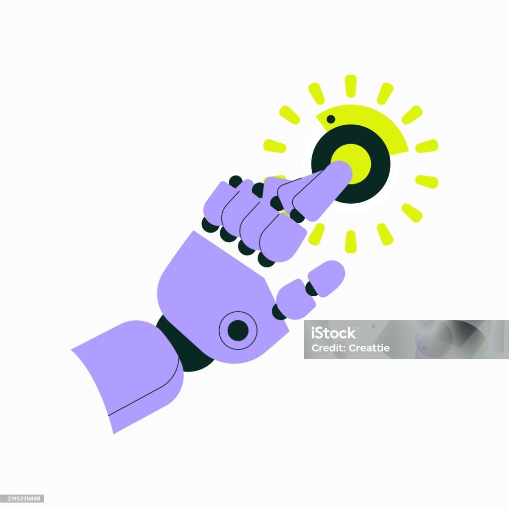 Robotic Hand Pressing Button In Flat Vector Illustration Symbolizing ...