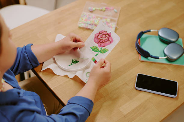 istock Unrecognizable Woman Holding Image Of Rose Embroidery Pattern 2195237037