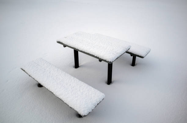Snow-covered benches and table in the park