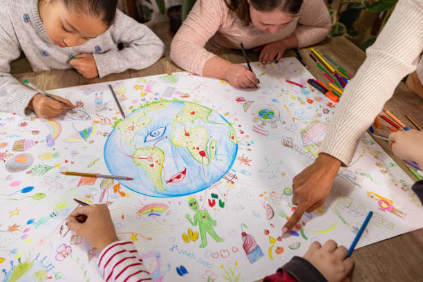 istock Teacher Helping Kids Draw Earth Day Poster 2195242715