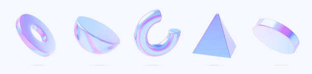 istock 3d abstract holographic geometric shape render icon set. Iridescent metal neon objects triangle, cylinder, half sphere, torus, circle tube with hologram gradient, isolated elements 2195242902