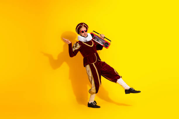 istock Historical-themed character in vibrant clothing juxtaposed with modern elements for a creative and humorous expressive artistic concept 2195253784