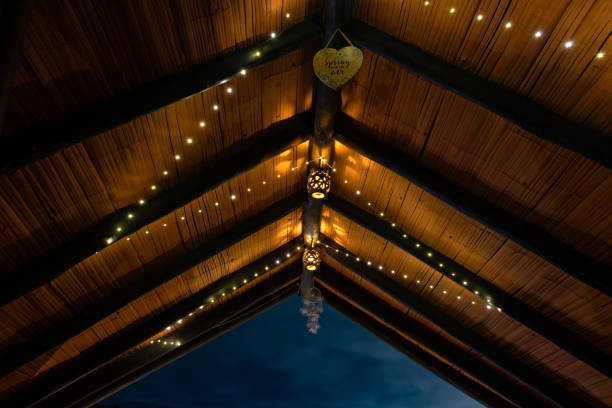 istock A beautifully crafted rustic wooden roof with warm string lights and decorative lanterns, creating a cozy and intimate atmosphere under the night sky. 2195257905