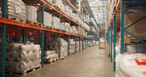 istock Logistics, inventory and warehouse for cargo storage with stock shelves, export industry and distribution. Shipping goods, empty depot and wholesale order with ecommerce package and factory plant 2195258667