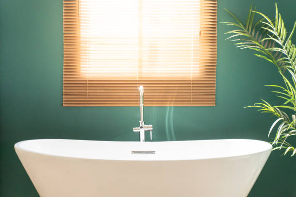istock Cozy Empty Modern Bathroom Background Rustic Decorations And Green Plants Indoors. Interior Design 2195262290