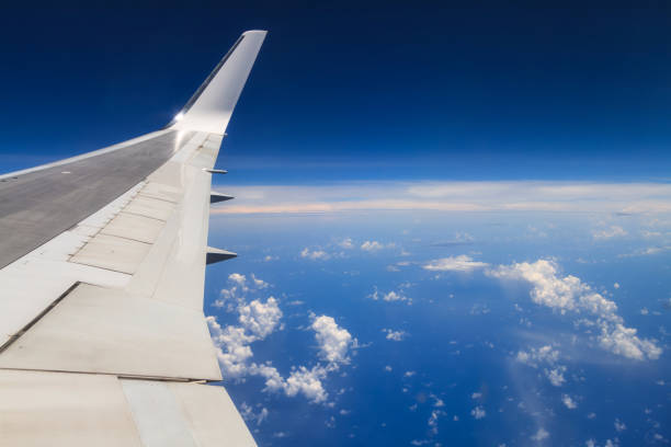 Aerial view of airplane wing over blue sky