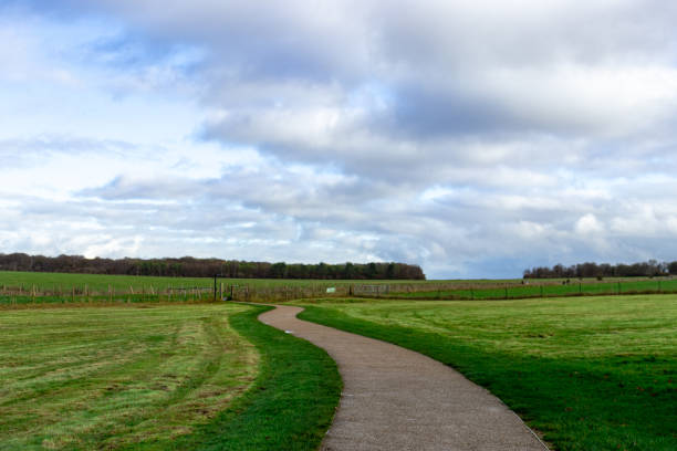 istock A curving path through the serene fields near Stonehenge, United Kingdom, surrounded by expansive greenery and an overcast sky. 2195266005