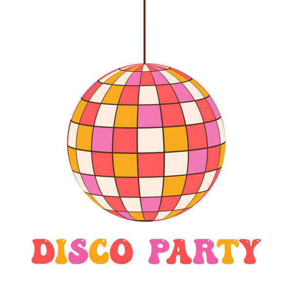 illustrazioni stock, clip art, cartoni animati e icone di tendenza di illustrazione retrò disco ball in arancione, rosso e rosa con scritte da discoteca. - discoteca