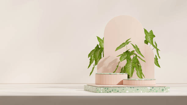 istock terrazzo texture block and cylinder podium in landscape archs backdrop, 3d rendering mockup space 2195266458