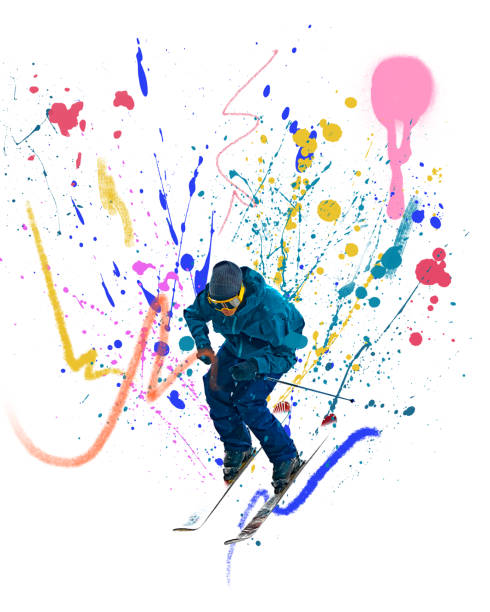 istock Conceptual art collage. Skier leaning forward, dressed warm clothes, surrounded by vibrant splashes representing speed, winter thrill, and creative energy. 2195266580