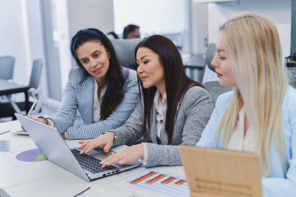 istock Beautiful Female Coworkers Analyzing Financial Reports on Screen During Office Discussion 2195271121
