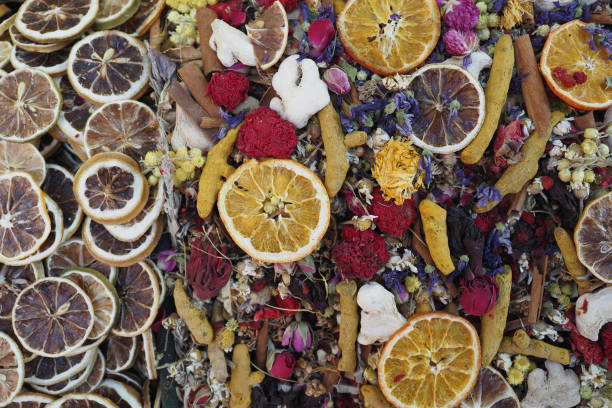 Mixed dried frits and herbals tea.