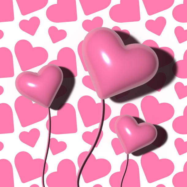 Pink hearts with shadow on the background of a pattern with white hearts, 3D rendering illustration