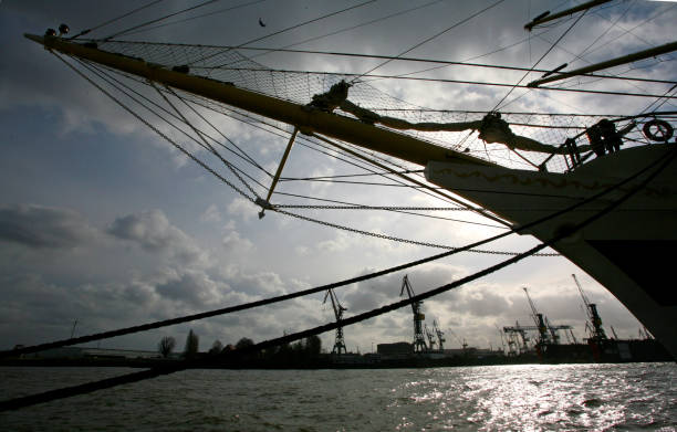 Silhouette of the bow in Hamburg's harbour, captured against the afternoon sun that sparkles on the water of the Elbe. In the background, the harbour panorama appears like a cut-out.