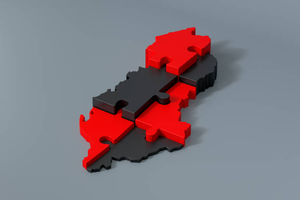 3d render of Albania map puzzle assembled with red and black pieces. 3d rendering