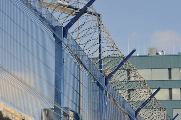 istock barbed wire on the fence of a protected facility 2195281459