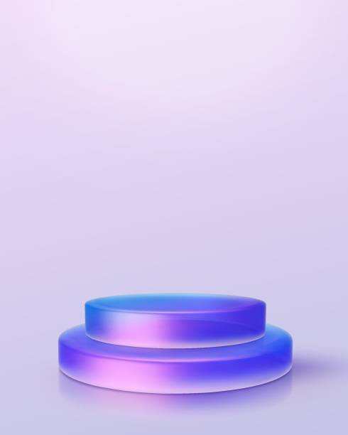 istock 3d iridescent hologram disk, coin, podium, pedestal. Render figure with purple, pink, blue colors. Vector illustration isolated on white for design projects, product display, presentation, adv 2195281881