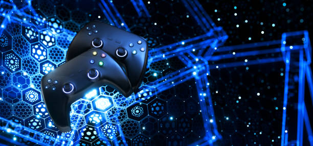istock Esports. Video games. Gaming joystick on technological background. Blockchain game concept. Gamepad on dark background and empty space for design. Finance in games. 3D rendering. 2195288665