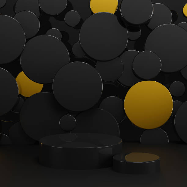 istock Festive black abstract stage - two black glossy plastic podiums mockup, black, golden circles as decor. Template 3D illustration new year scene for presentation cosmetic products, goods, advertising. 2195289347