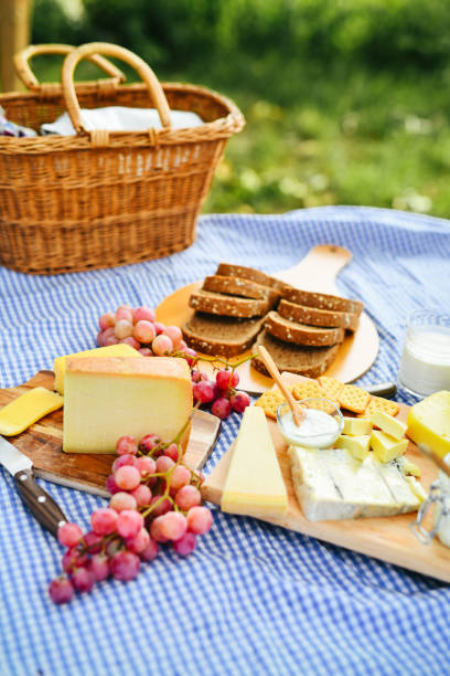 istock Nicely Arranger Picnic Table With Dairy Products Grapes and Wheat Bread 2195299254