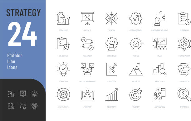 Strategy Line Editable Icons set. Vector illustration in modern thin line style of business related icons: tactics, vision, target, and more. Pictograms and infographics. spy games stock illustrations