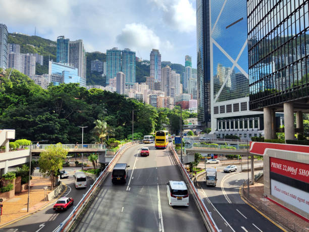 Traffic on an elevated road in Hong Kong Admiralty financial district.