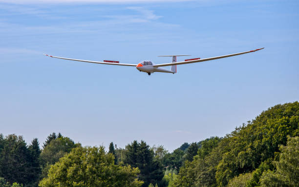 a white glider over trees is landing with flaps up
