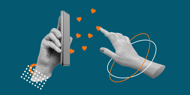 istock Two hands interacting with a smartphone, symbolizing digital connection, innovation, and communication. Minimalist art collage 2195309117