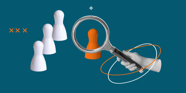 Recruitment and analytics. Personnel and project management. Creative magnifying glass over a orange pawn with white pieces, symbolizing focus, analysis, and recruitment. Minimalist art collage
