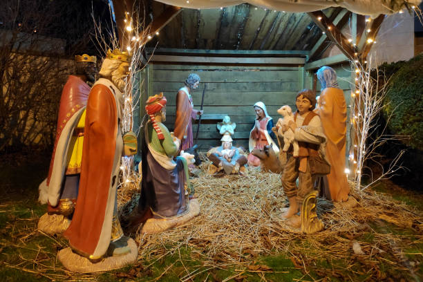 istock Christmas crib illuminated at night. 2195309337