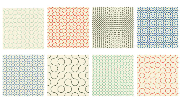 illustrazioni stock, clip art, cartoni animati e icone di tendenza di collezione di modelli senza cuciture di forme rotonde a linea sottile truchet. lo stile contemporaneo delinea motivi geometrici a mosaico con linee arrotondate. set di sfondi a mosaico inclinabile moderno. - fantasia