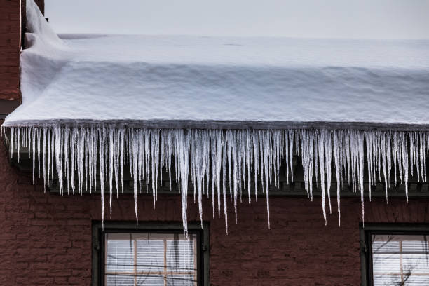 Frozen Winter Icicles Hanging from Building Roof