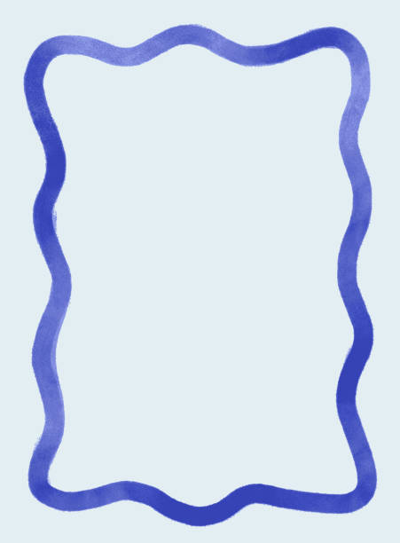 Rectangular frame with scalloped edges. Drawing blue wavy elegant outline frame in watercolor style Rectangular frame with scalloped edges. Drawing blue wavy elegant outline frame drawing of a blue waves stock illustrations
