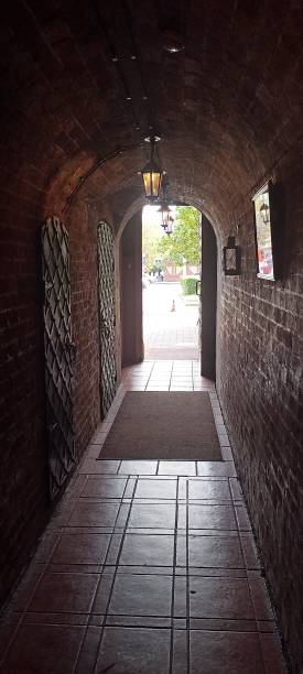 istock a long narrow corridor with brick walls and a vaulted ceiling 2195316625