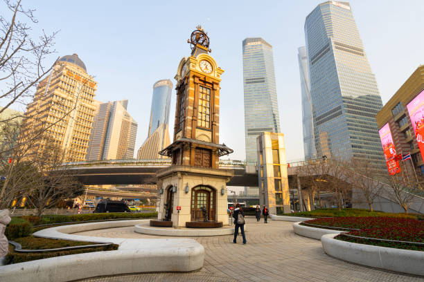 Shanghai, China. January 8, 2025. view of the clock tower in a square in Pudong in the city center
