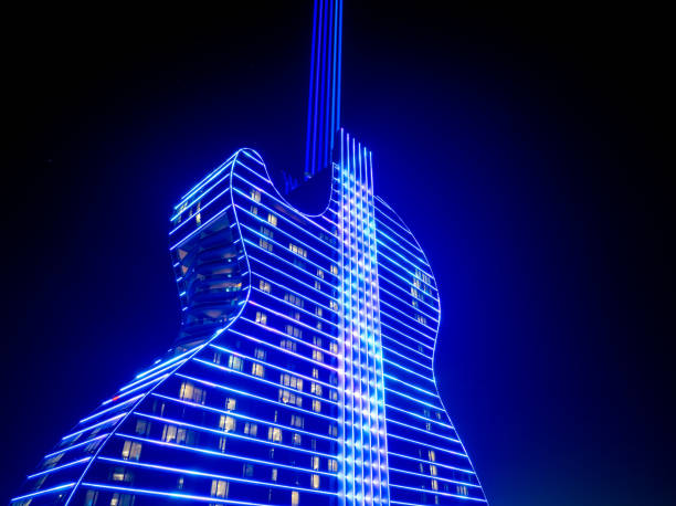 Davie, FL, USA - January 20, 2025: Seminole Hard Rock guitar hotel blue with neon laser lights