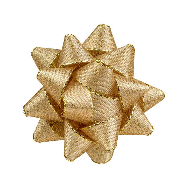 Golden bow with shiny stitching on white background