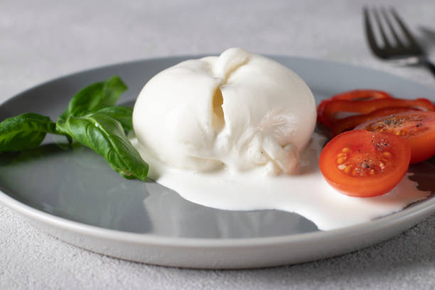 istock Italian Burrata Cheese on a gray plate with basil and cherry tomatoes 2195327155