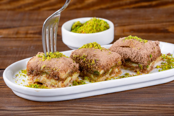 Turkish dessert cold baklava wooden background